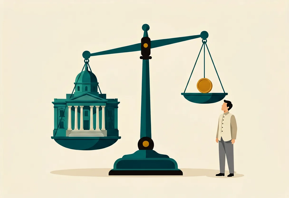 Illustration of a balance scale with a grand government building weighing down one side and a single small coin on the other, a man in a barong looking up at the coin.