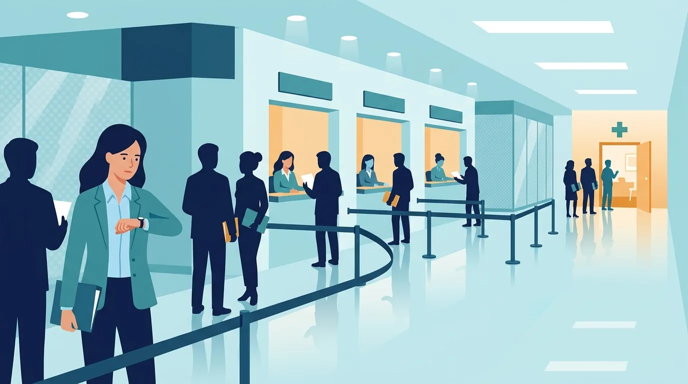Illustration of an office worker in a blazer checking her watch at the back of a long queue that snakes past three service windows, with a clinic door standing open at the far end of the corridor.