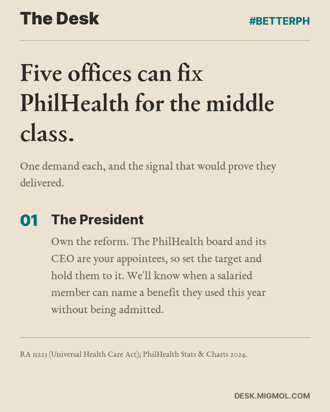 Scoreboard card 1 of 5: five offices can fix PhilHealth for the middle class. The President: own the reform, since the PhilHealth board and CEO are presidential appointees. We'll know when a salaried member can name a benefit they used this year without being admitted.