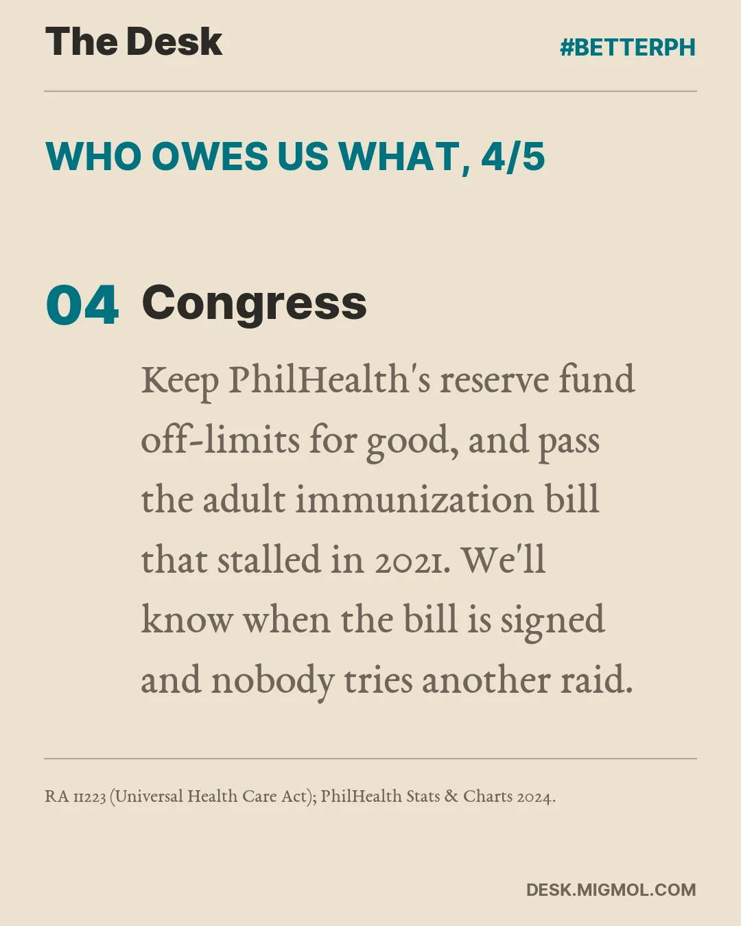 Scoreboard card 4 of 5: Congress should keep PhilHealth's reserve fund off-limits for good and pass the adult immunization bill that stalled in 2021. We'll know when the bill is signed and nobody tries another raid.