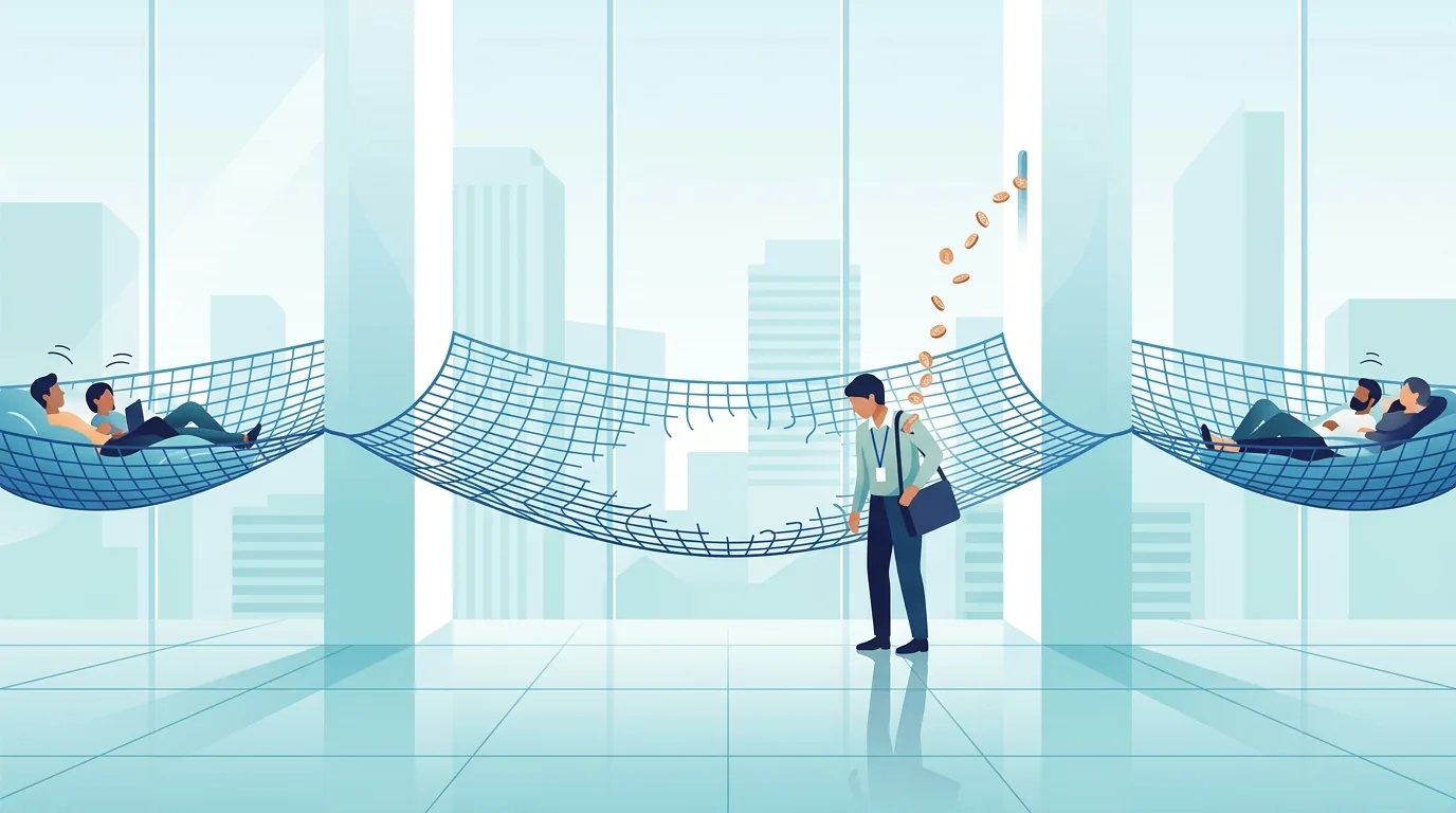 Illustration of a safety net strung between two columns, people resting comfortably at both ends, and a torn gap in the middle where an office worker with a lanyard and laptop bag stands looking down while coins rise from his pocket into a column.
