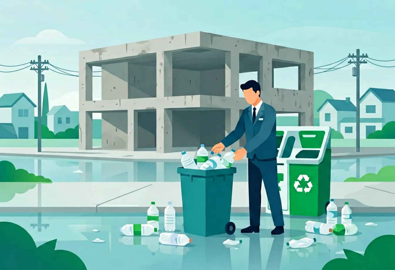 A man in business attire drops plastic bottles into a green recycling bin on a flooded street, an empty, unfinished concrete government building standing behind him.