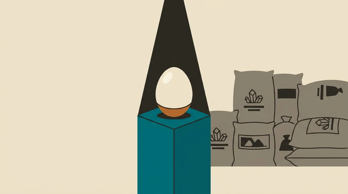Illustration of a hand-made salt egg in a clay ring, displayed on a teal museum plinth under a spotlight, with plain sacks of commodity salt stacked and ignored beside it.