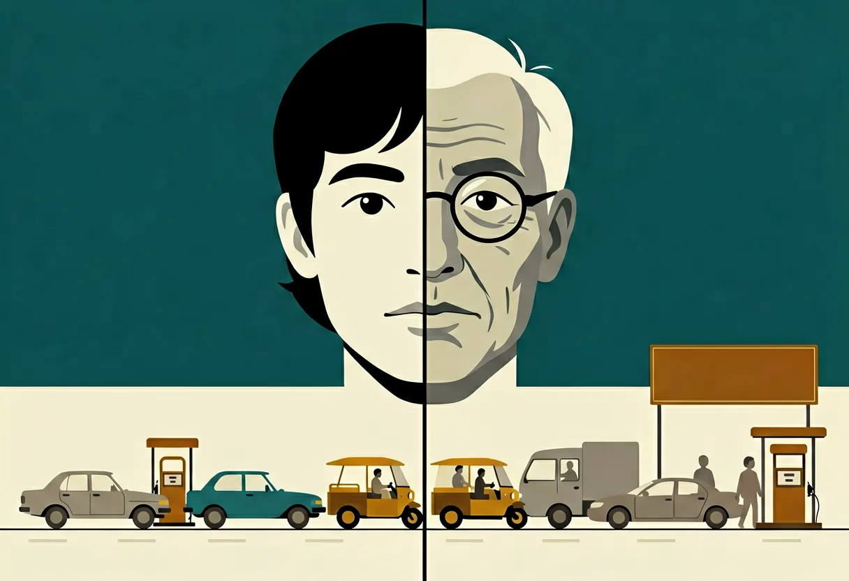 Illustration of a giant face split down the middle, young on the left and 50 years older on the right, above a single line of vehicles all facing one way toward a gas pump, vintage sedans and a tricycle on the left, a tricycle, a delivery truck and a sedan reaching a modern pump on the right.