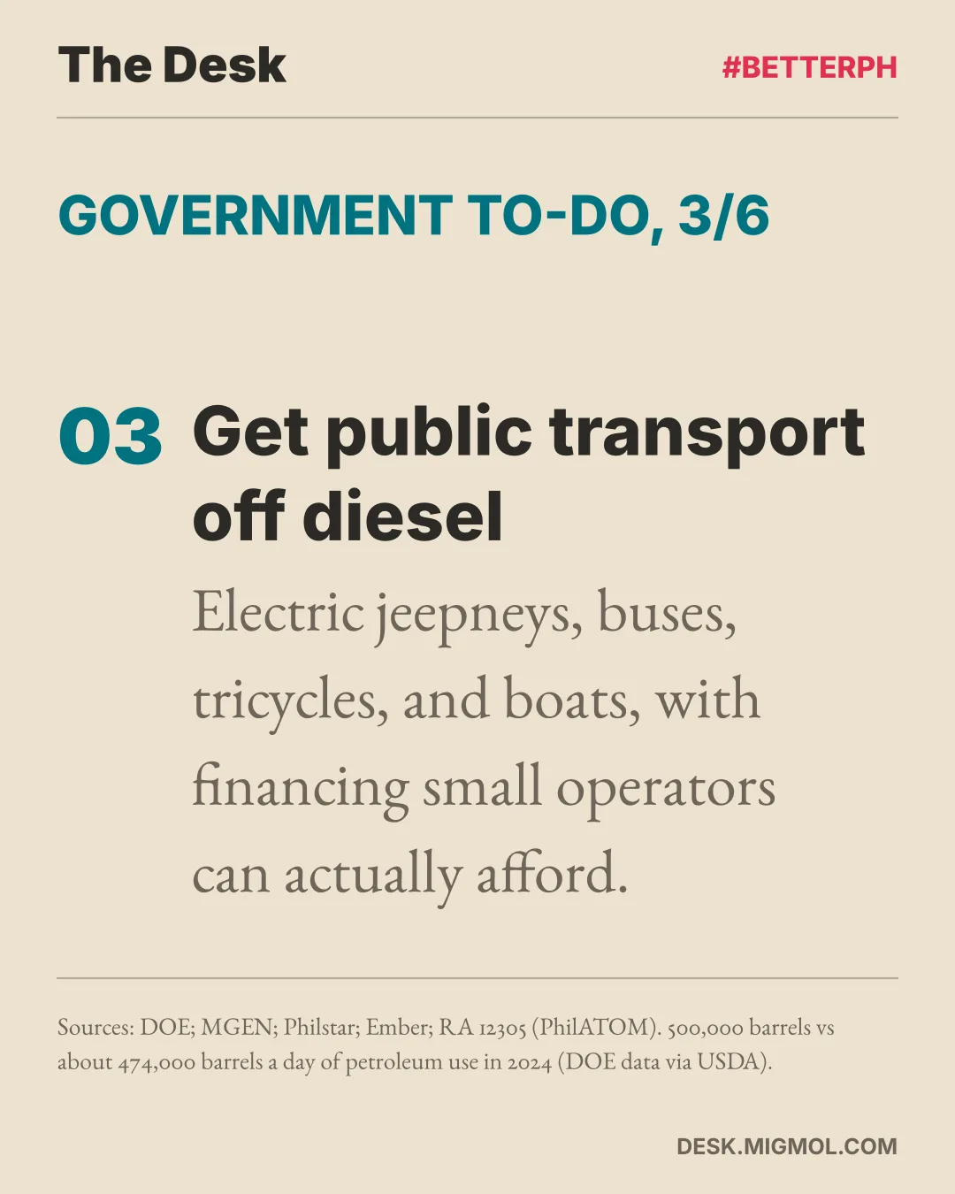 Point 3, get public transport off diesel: electric jeepneys, buses, tricycles, and boats, with financing small operators can actually afford.