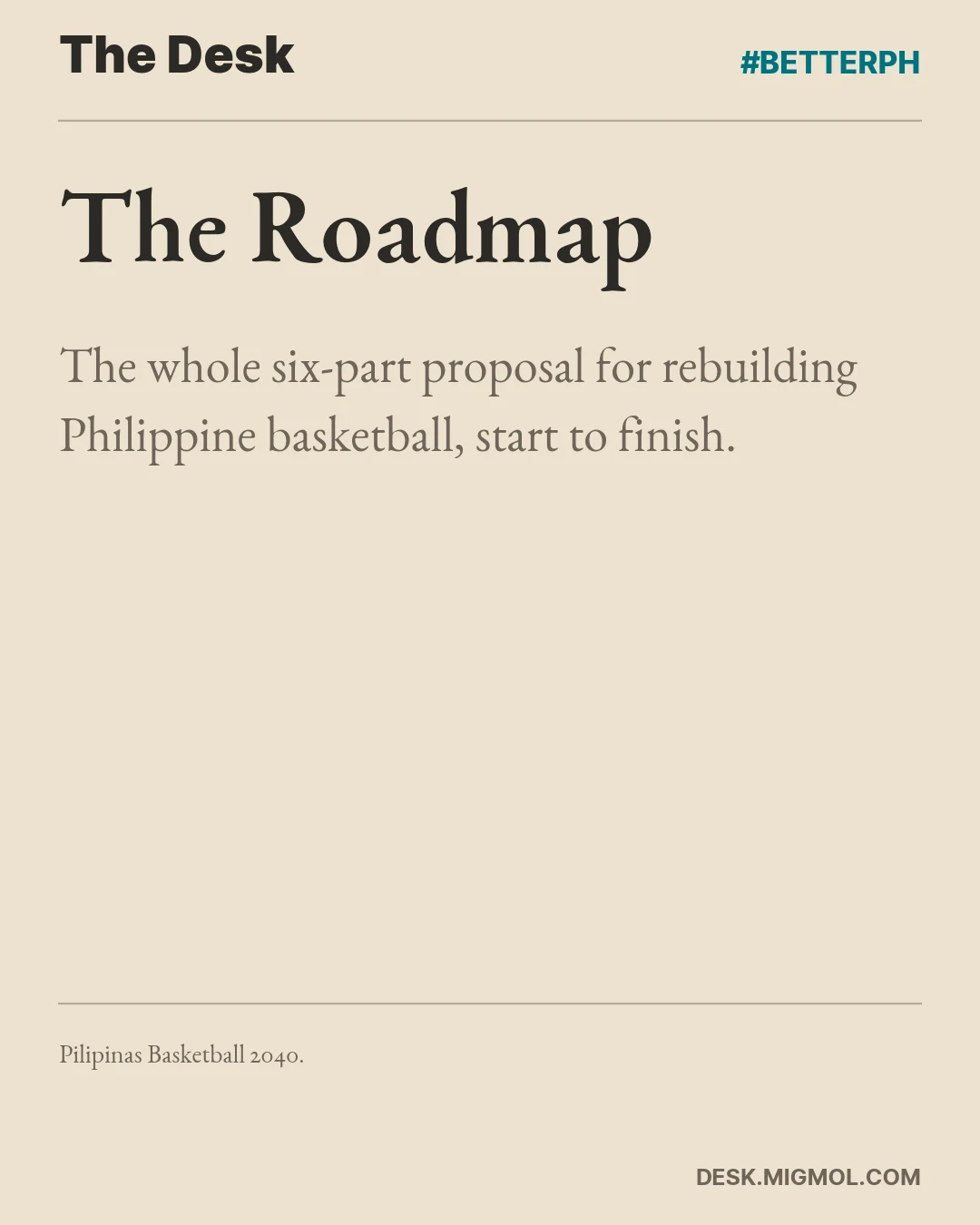 Title card: The Roadmap. The whole seven-part proposal for rebuilding Philippine basketball, start to finish.