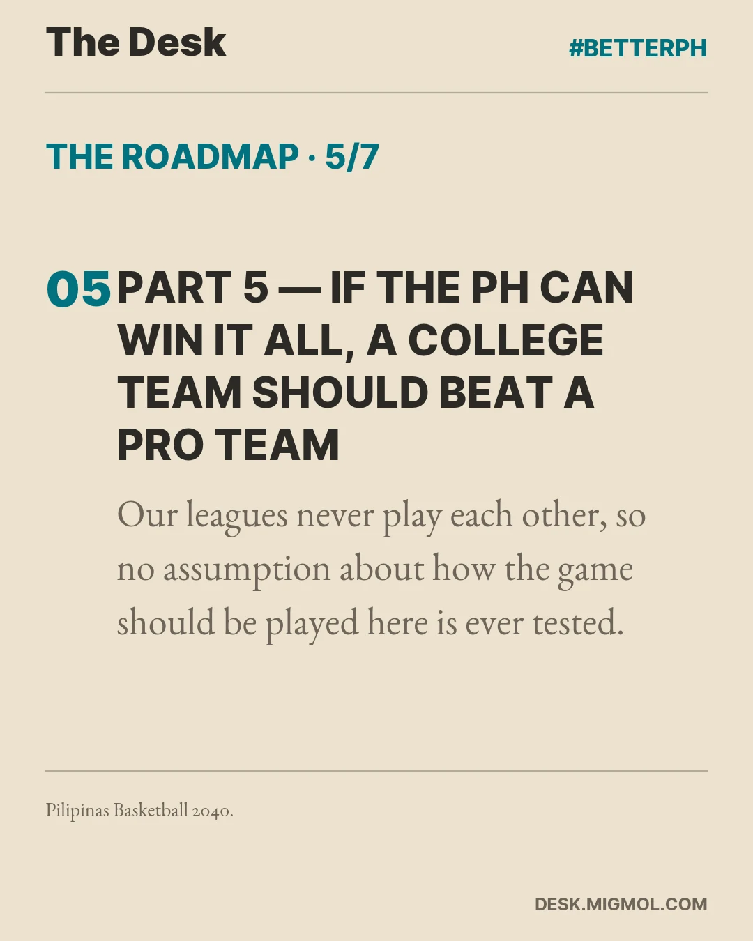 Roadmap card, part 5 of 7: Part 5, If the PH Can Win it All, a College Team Should Beat a Pro Team. Our leagues never play each other, so no assumption about how the game should be played here is ever tested.
