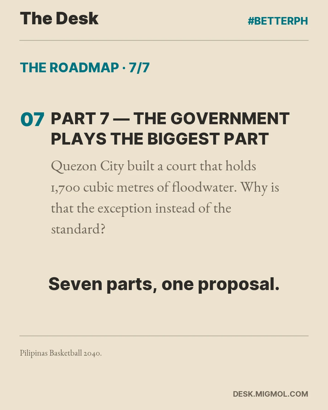 Roadmap card closing the series preview: Part 7, The Government Plays the Biggest Part. Quezon City built a court that holds 1,700 cubic metres of floodwater. Why is that the exception instead of the standard? With the line 'Seven parts, one proposal.'