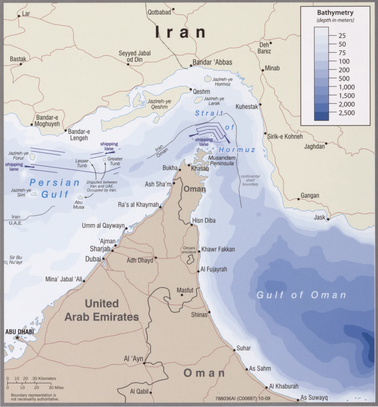 Map of Iran and the Strait of Hormuz, showing shipping lanes through the strait between Iran, Oman and the United Arab Emirates, with the Persian Gulf and Gulf of Oman labeled.
