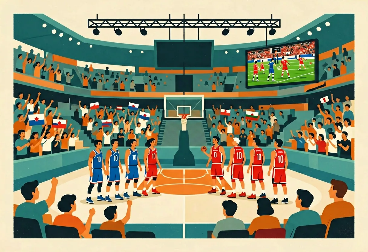 Illustration of a basketball arena split between a Philippine team in blue and an Iranian team in red, with Filipino fans cheering courtside while distracted spectators watch a soccer match on a screen instead.