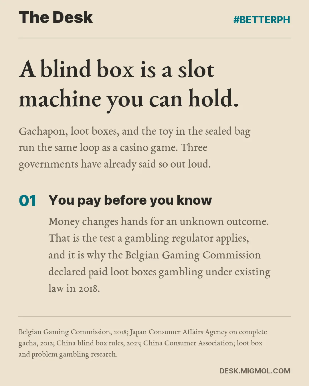 A blind box is a slot machine you can hold. Gachapon, loot boxes, and the toy in the sealed bag run the same loop as a casino game. Three governments have already said so out loud. Point 1 of 6, You pay before you know: Money changes hands for an unknown outcome. That is the test a gambling regulator applies, and it is why the Belgian Gaming Commission declared paid loot boxes gambling under existing law in 2018.