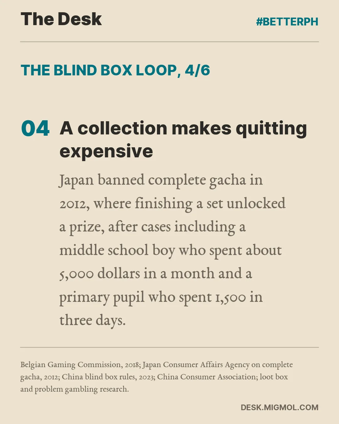 The blind box loop, point 4 of 6, A collection makes quitting expensive: Japan banned complete gacha in 2012, where finishing a set unlocked a prize, after cases including a middle school boy who spent about 5,000 dollars in a month and a primary pupil who spent 1,500 in three days.