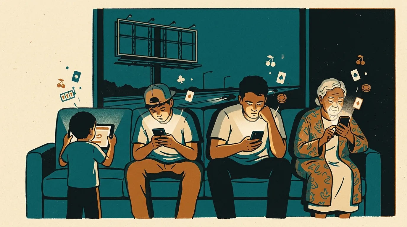 Four generations of a Filipino family sit on one sofa at night, a child with a tablet, a teenager, a young man, and a grandmother, each lit by their own screen as slot-machine symbols, playing cards, and chips rise from every device, with an empty billboard frame over a highway outside the window.