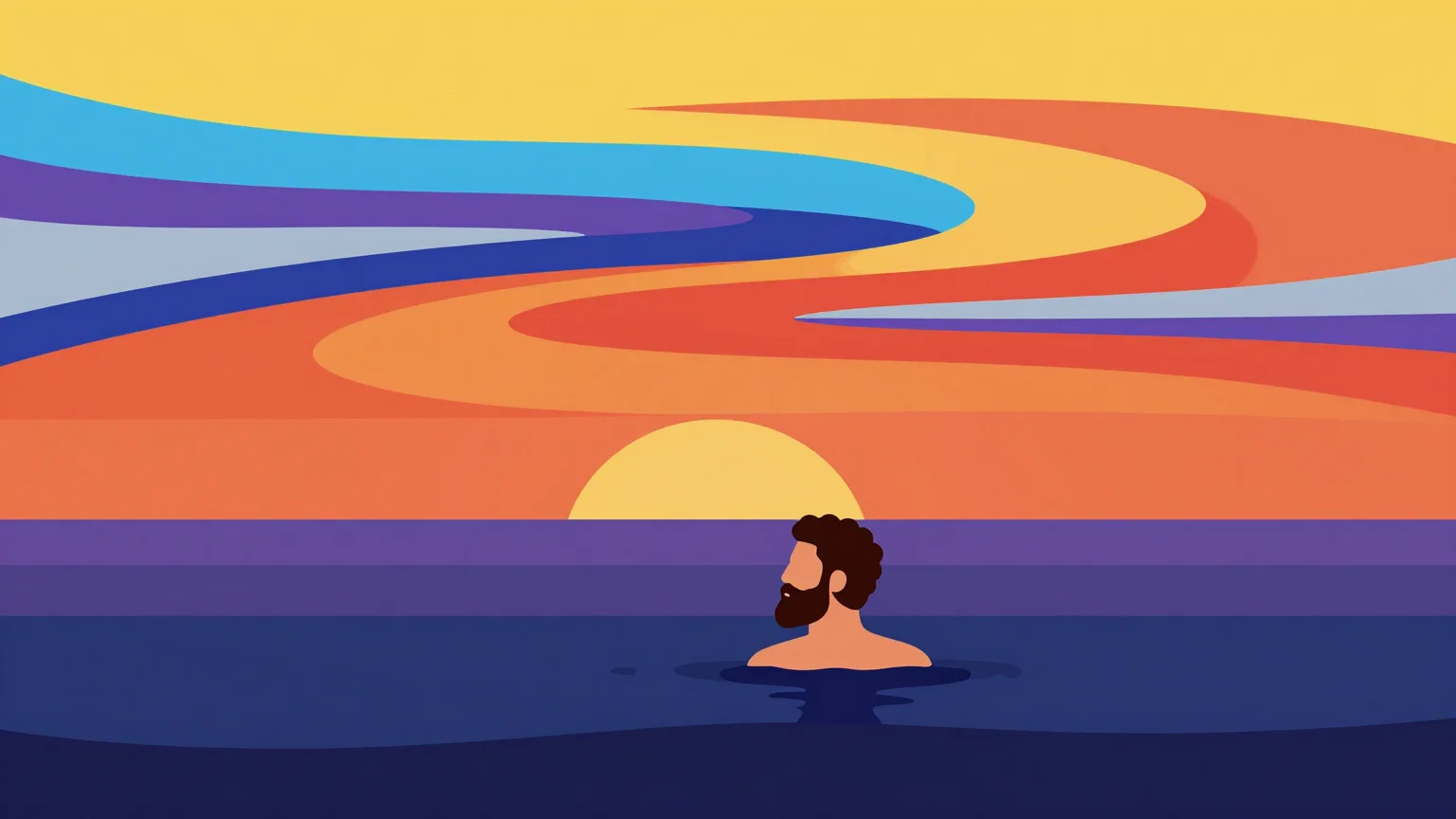 Flat illustration of a bearded man with curly hair floating up to his shoulders in a dark purple and navy sea, facing a setting sun under a sky of swirling yellow, orange, red, blue, violet, and grey bands.
