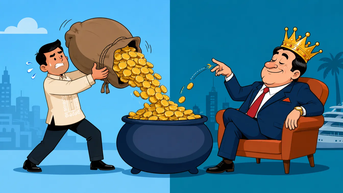 Split-screen cartoon: a straining Filipino man in a barong pours an enormous sack of gold coins into a communal pot, while on the other side a crowned tycoon lounges in an armchair flicking a single coin in.
