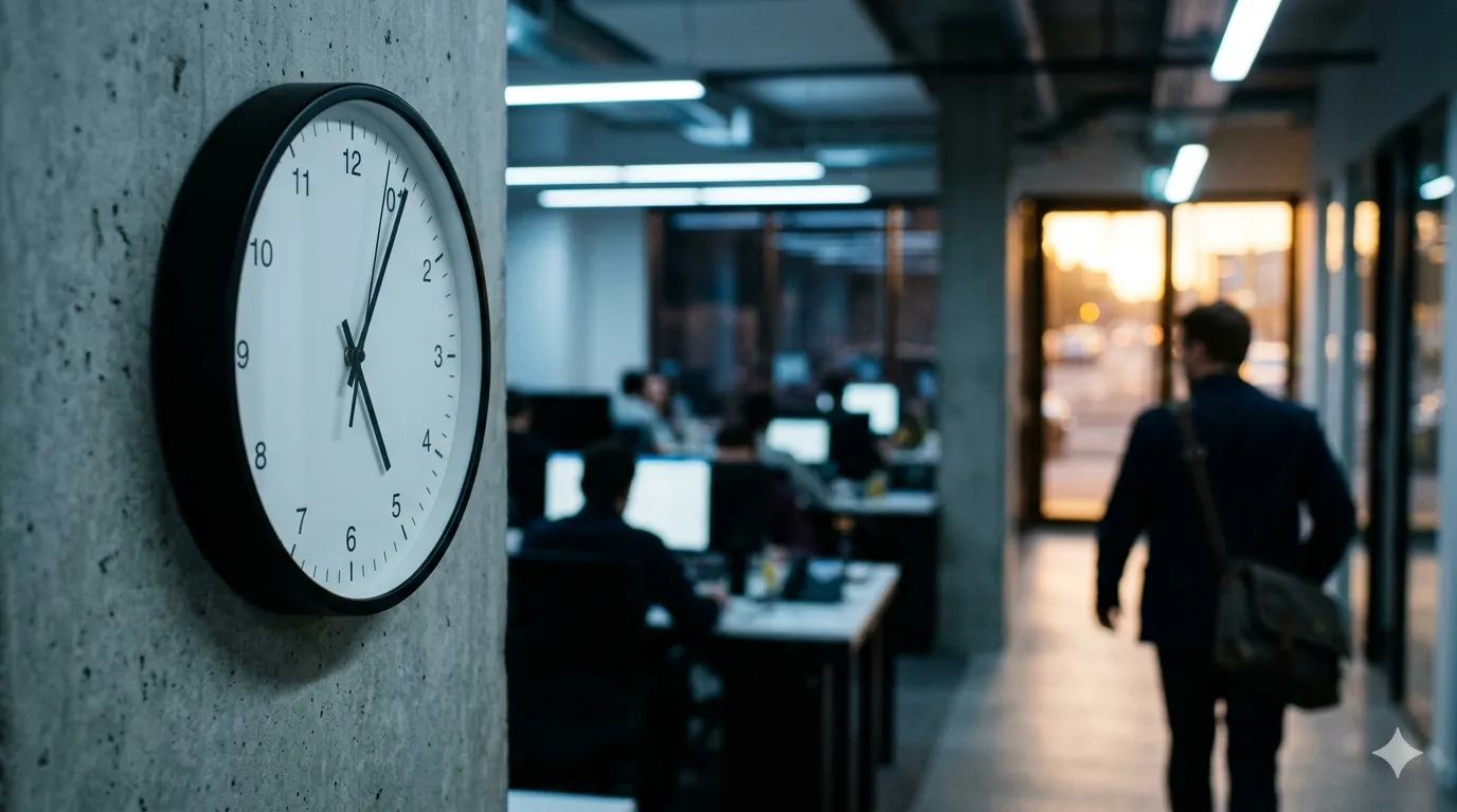 A wall clock in the foreground of a dim open-plan office where people still work at their desks, while one person walks out toward the dusk-lit exit.