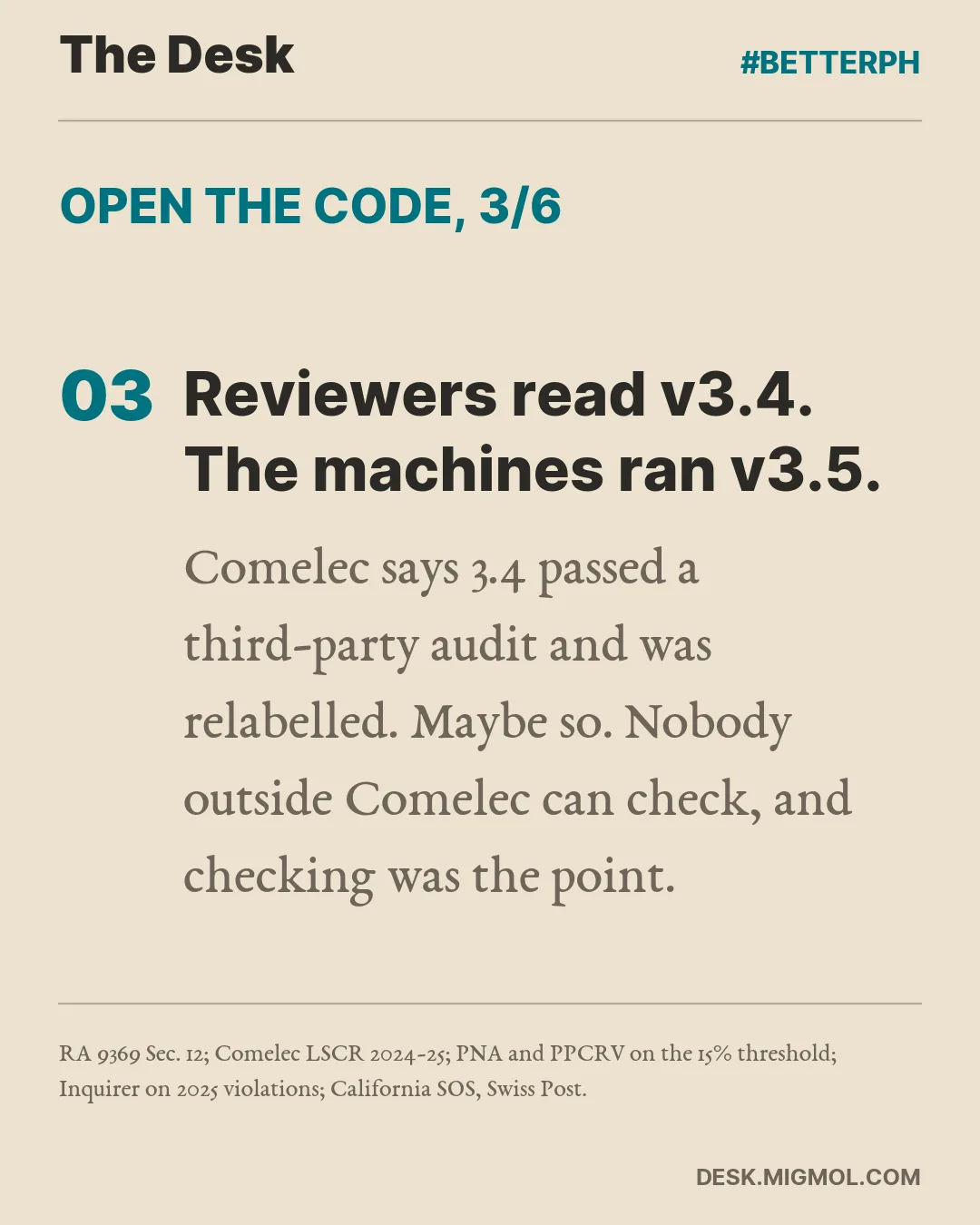 Card point 3: Reviewers read version 3.4 and the machines ran 3.5; Comelec says it was relabelled after an audit.