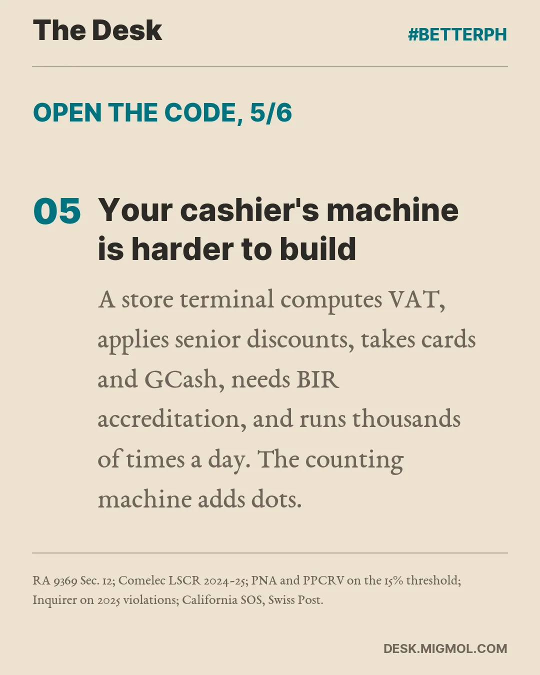 Card point 5: Your cashier's machine is harder to build. It computes VAT, applies discounts, takes cards and GCash, and needs BIR accreditation.