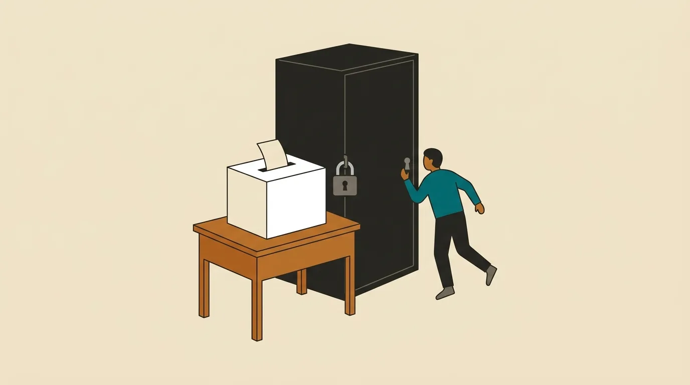 Illustration of a white ballot box on a wooden table in front of a tall black padlocked cabinet, with a figure leaning in to peer through the cabinet's keyhole.
