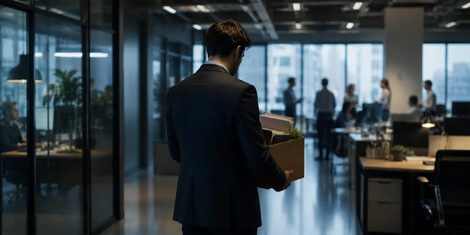 A man in a suit walks out of a dim corporate office carrying a cardboard box of his belongings, while colleagues keep working in the background.