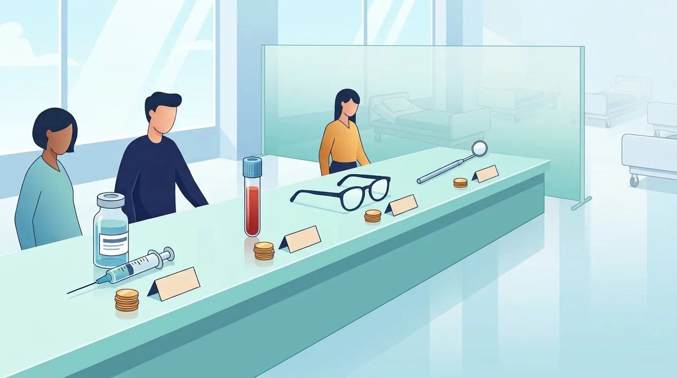 Illustration of a long counter laid out like a shop, a vaccine vial, a blood test tube, eyeglasses and a dental mirror each beside a stack of coins, while empty hospital beds sit behind a glass partition, out of reach.