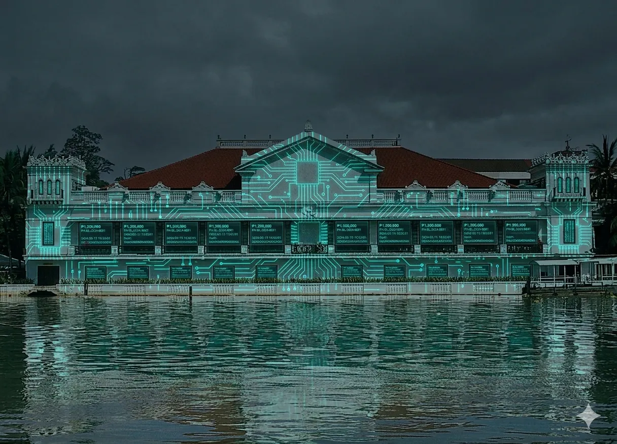 A Filipino heritage government building lit in digital green and mirrored in still water under a dark, stormy sky.