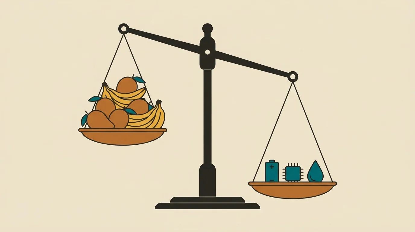 Illustration of a balance scale where a heap of mangoes and bananas floats up, outweighed by a battery cell, a microchip, and an oil drop.