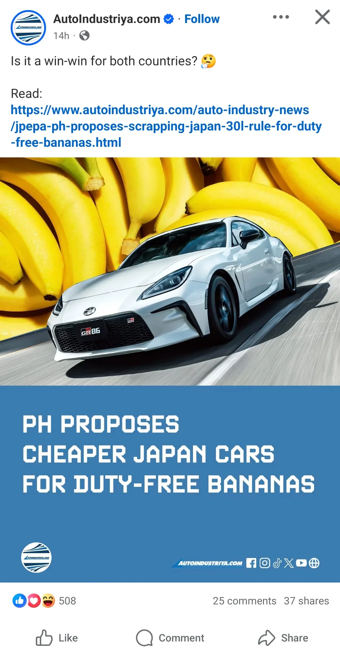 An AutoIndustriya.com Facebook post with a Toyota GR86 over a wall of bananas and the headline: PH proposes cheaper Japan cars for duty-free bananas.