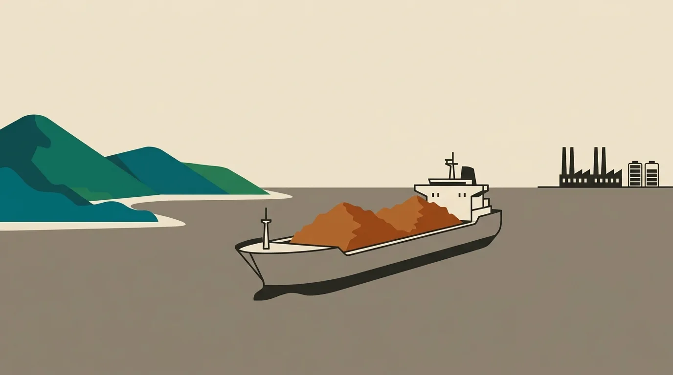 Illustration of a cargo ship loaded with raw reddish ore sailing away from a green tropical island toward distant factories and batteries.