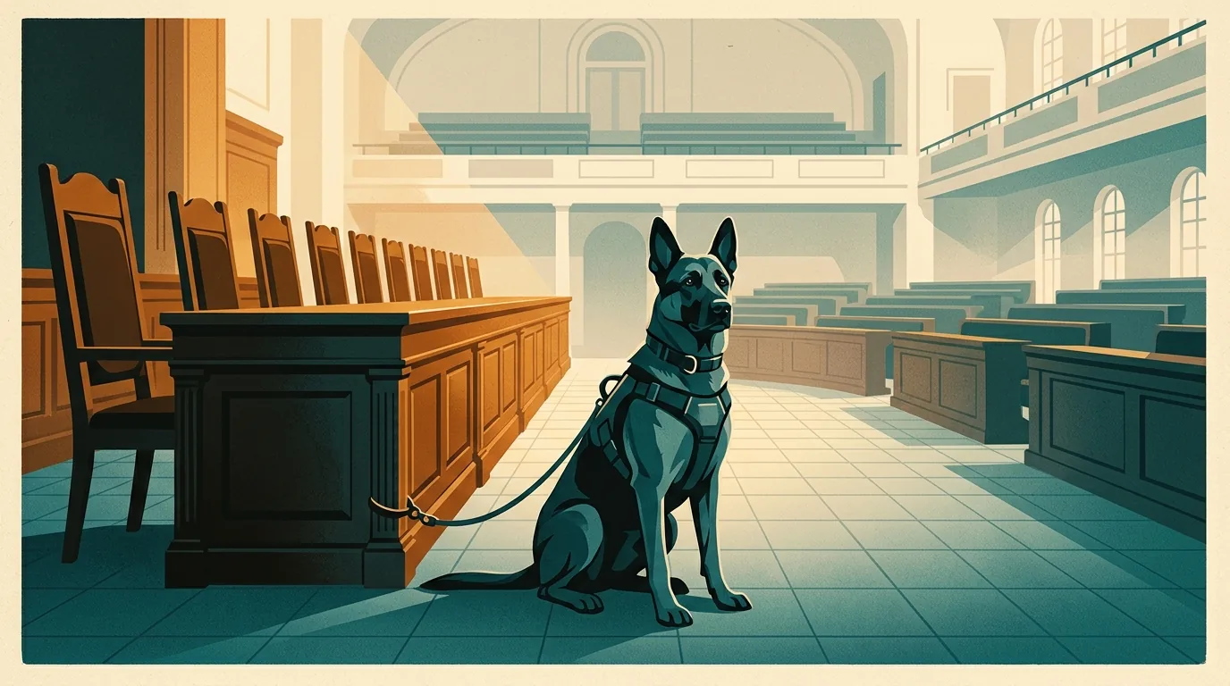 Illustration of a guard dog sitting at attention in an empty session hall, its short leash tied to the leg of the long desk where a row of empty lawmakers' chairs faces it.