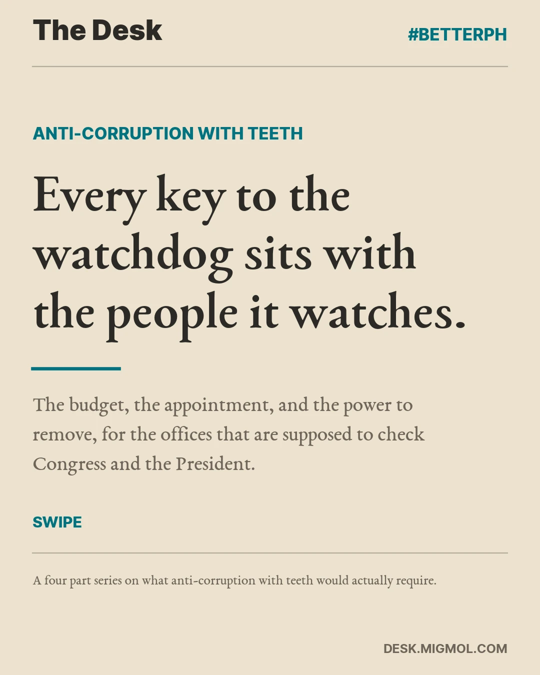 Cover card, Every key to the watchdog sits with the people it watches. The budget, the appointment, and the power to remove, for the offices that are supposed to check Congress and the President.