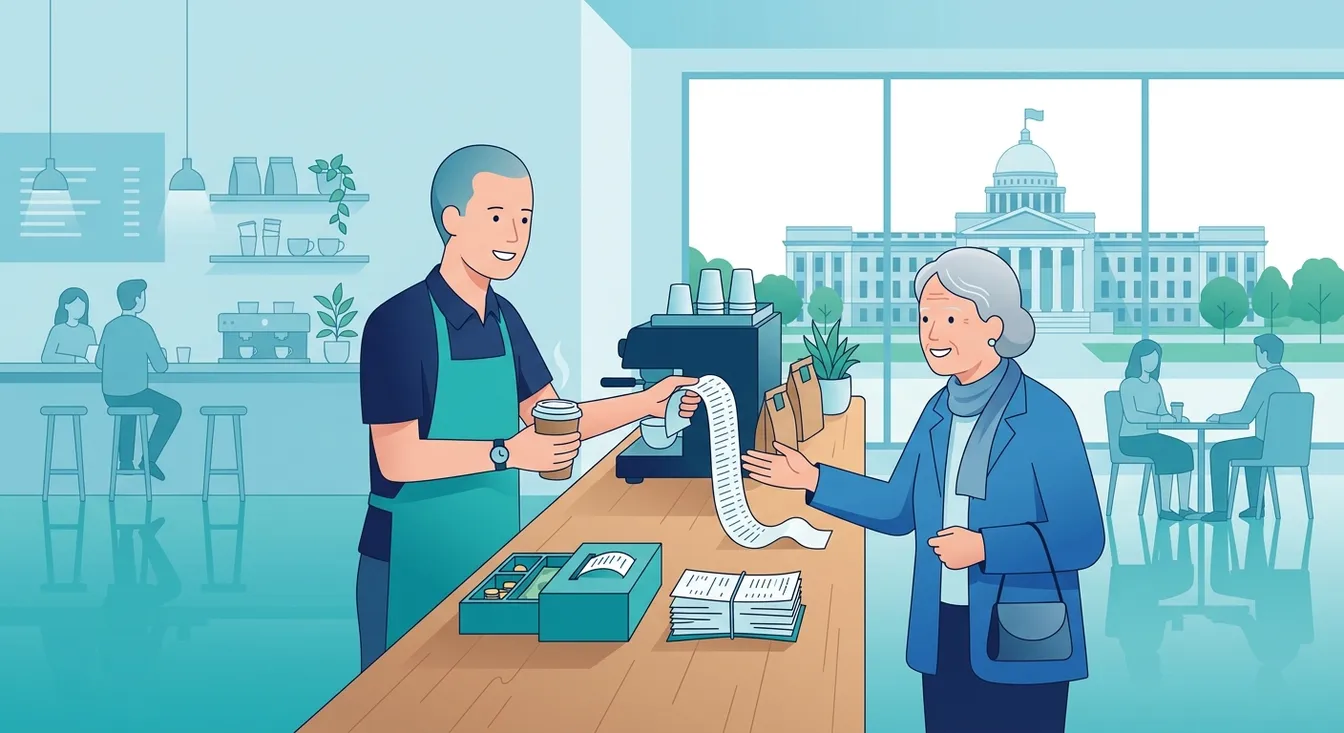 A barista hands a coffee and a long receipt to an elderly customer across a cafe counter, a government building visible through the window behind her.