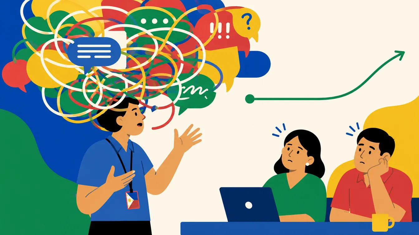 A Filipino man talks amid a tangle of speech bubbles while two colleagues look confused, and a clean arrow shows the path he isn't taking.