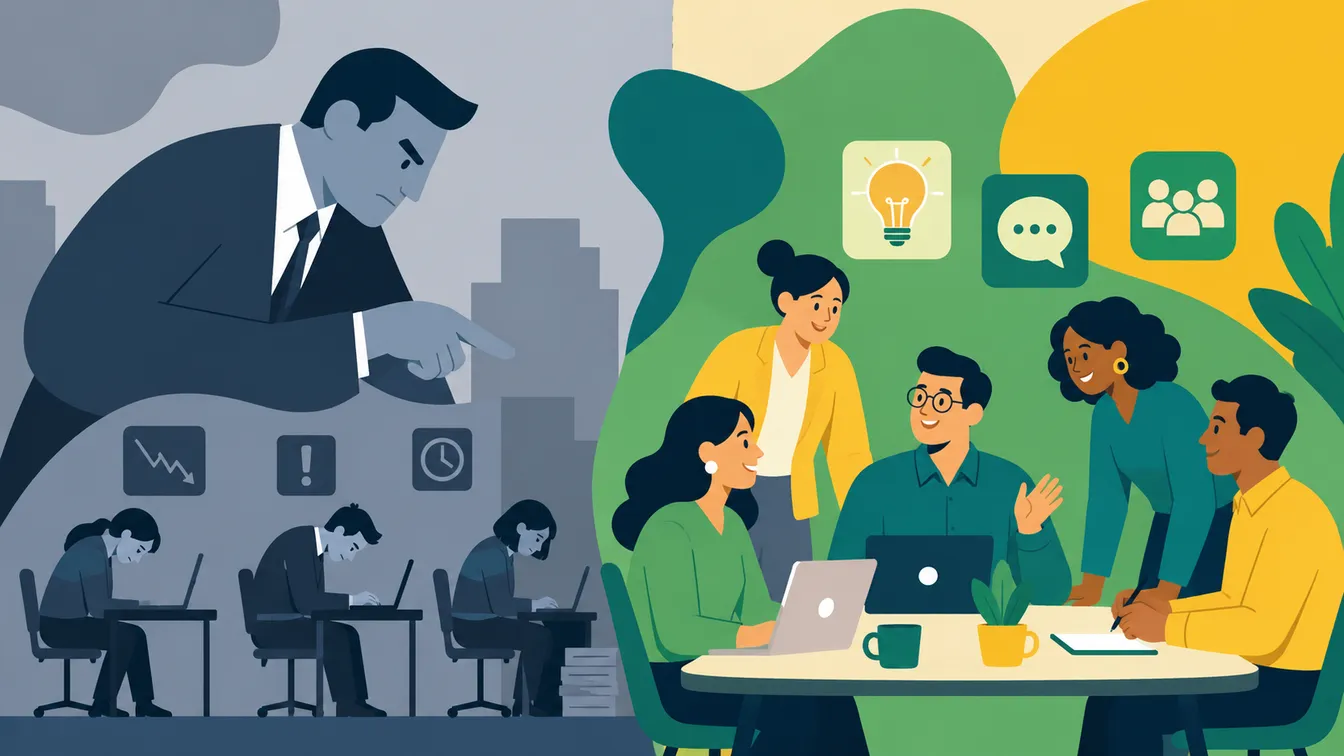 Split illustration contrasting a cold grey boss looming over hunched workers with a warm, collaborative team
