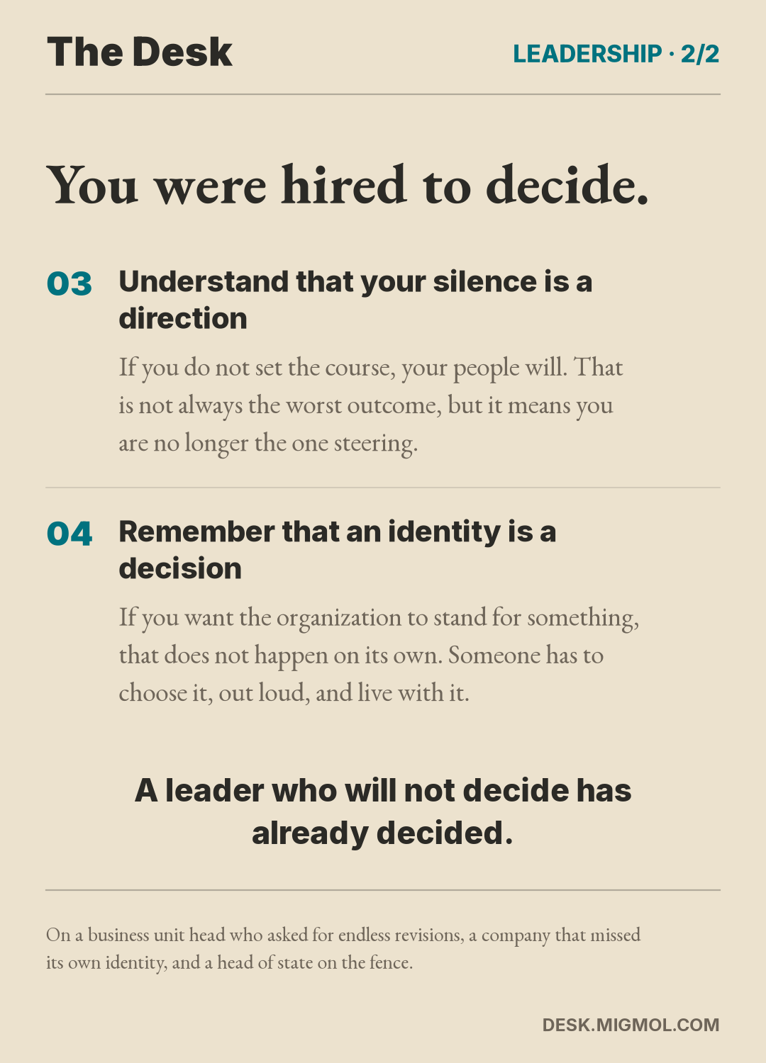 List card, part 2 of 2: You were hired to decide. Third, understand that your silence is a direction. Fourth, remember that an identity is a decision, ending with the line A leader who will not decide has already decided.